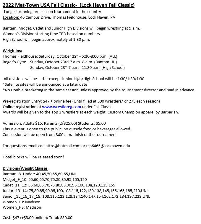 WrestleReg 2022 MatTown Fall Classic (Lock Haven Fall Classic) 8.2.18